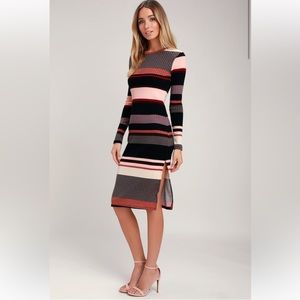Lulu’s • Share the Love Mauve Multi Striped Ribbed Long Sleeve Midi Dress